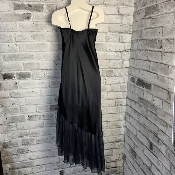 Vintage 90s Black Satin Asymmetric Sheer Ruffle Hem Maxi Slip Dress - Picture 6 of 14